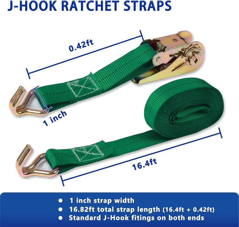Sweecomb Ratchet Straps (4-Pack), 1 Inch x 16.4 Feet (2200lb Break Strength) with Sturdy Metal Hooks, 1x Work Gloves, Heavy Duty Tie Down Straps for Truck, Cargo Trailer, Motorcycle, Luggage, Moving (Green) - Image 2